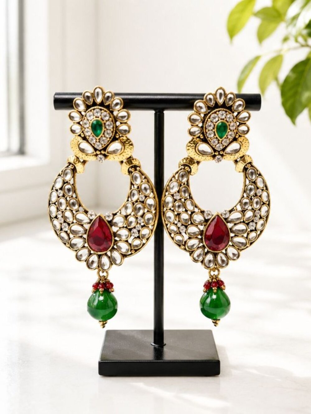 Antique Gold-Plated Kundan Chandbali Earrings With Red & Green Stones
